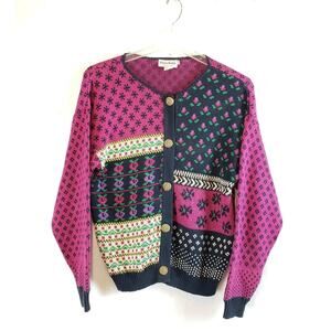 Vtg Bonnie Noble SIZE S / M Abstract Cozy Grandma Floral Button Down Sweater